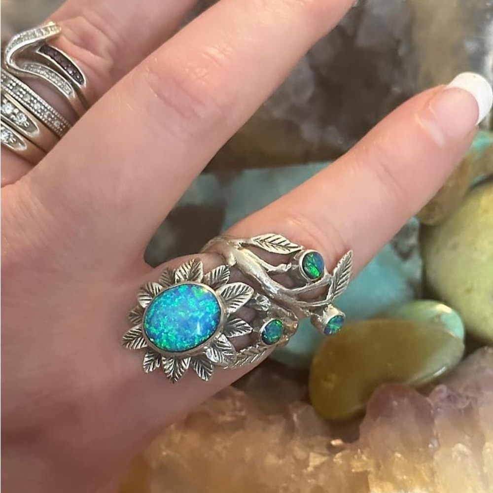 Opal Flower Statement Bypass Wrap Sterling Silver… - image 3